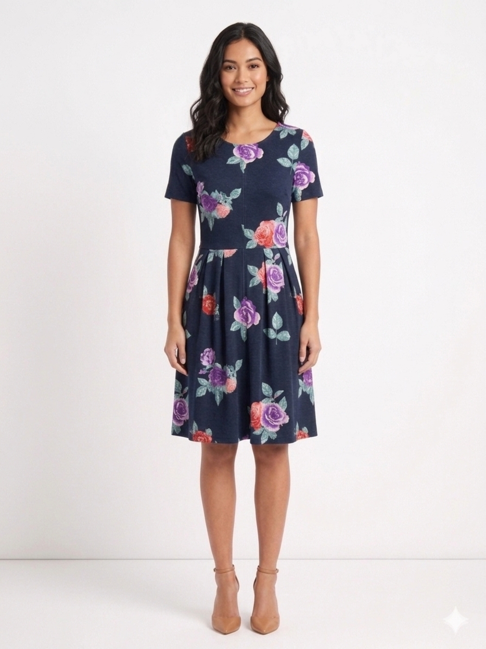 Floral Fit & Flare Short Sleeve Dress in Navy